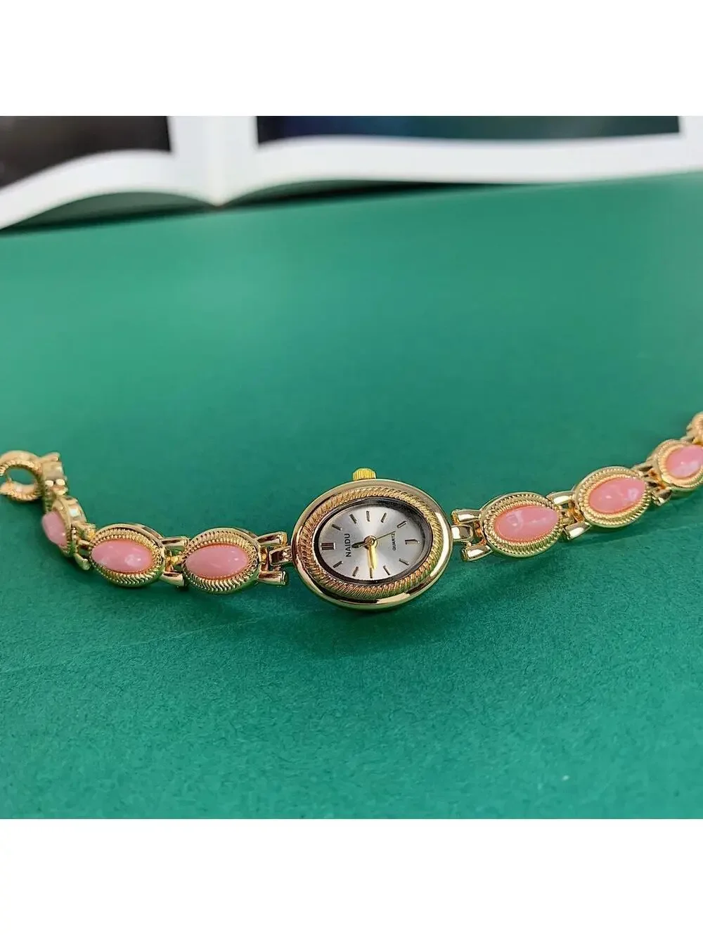Y2k style Dainty cute Gold style tone quartz watch with pink jade stone opal acc